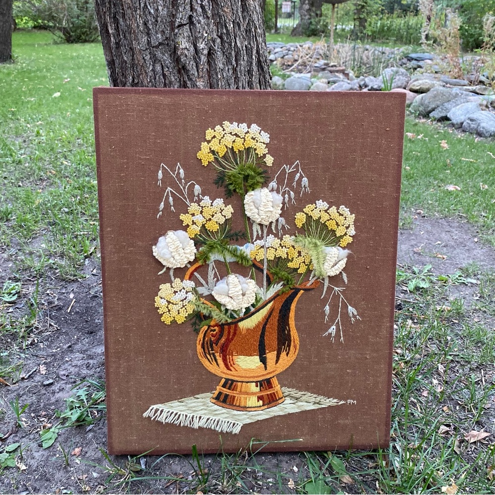 Vintage‎ Crewel 3D Embroidery Framed Vase Full of Flowers textured linen MCM art